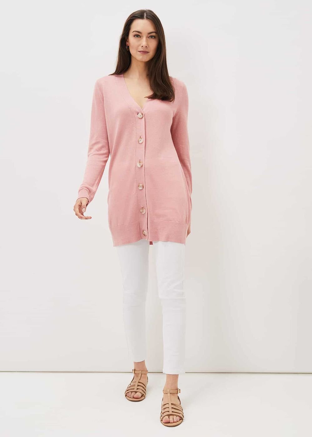 Camille Linen Longline Cardigan Pale Pink