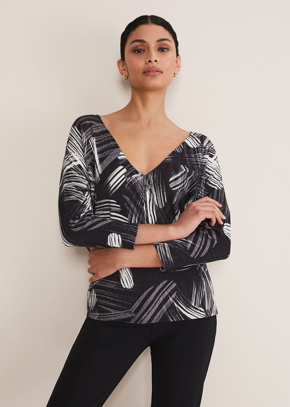 Adara Linear Zip Neck Print Jumper Black/Multi