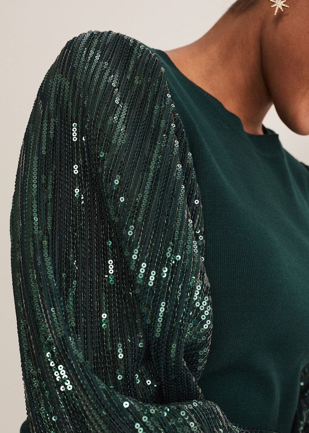Everley Sequin Sleeve Top Dark Green
