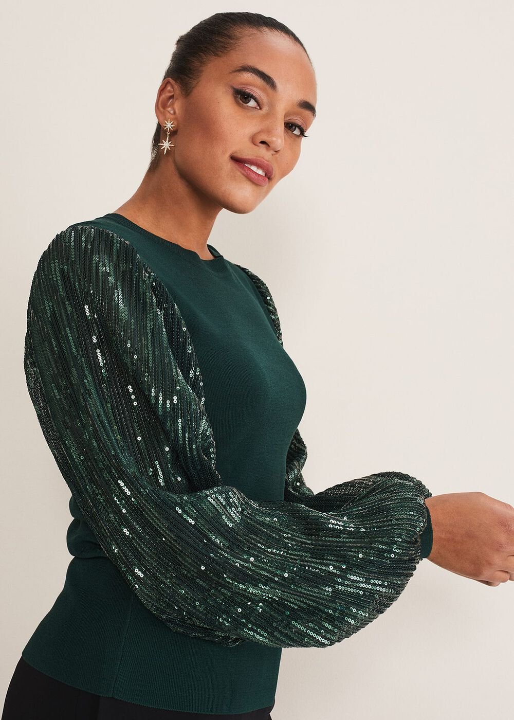 Everley Sequin Sleeve Top Dark Green