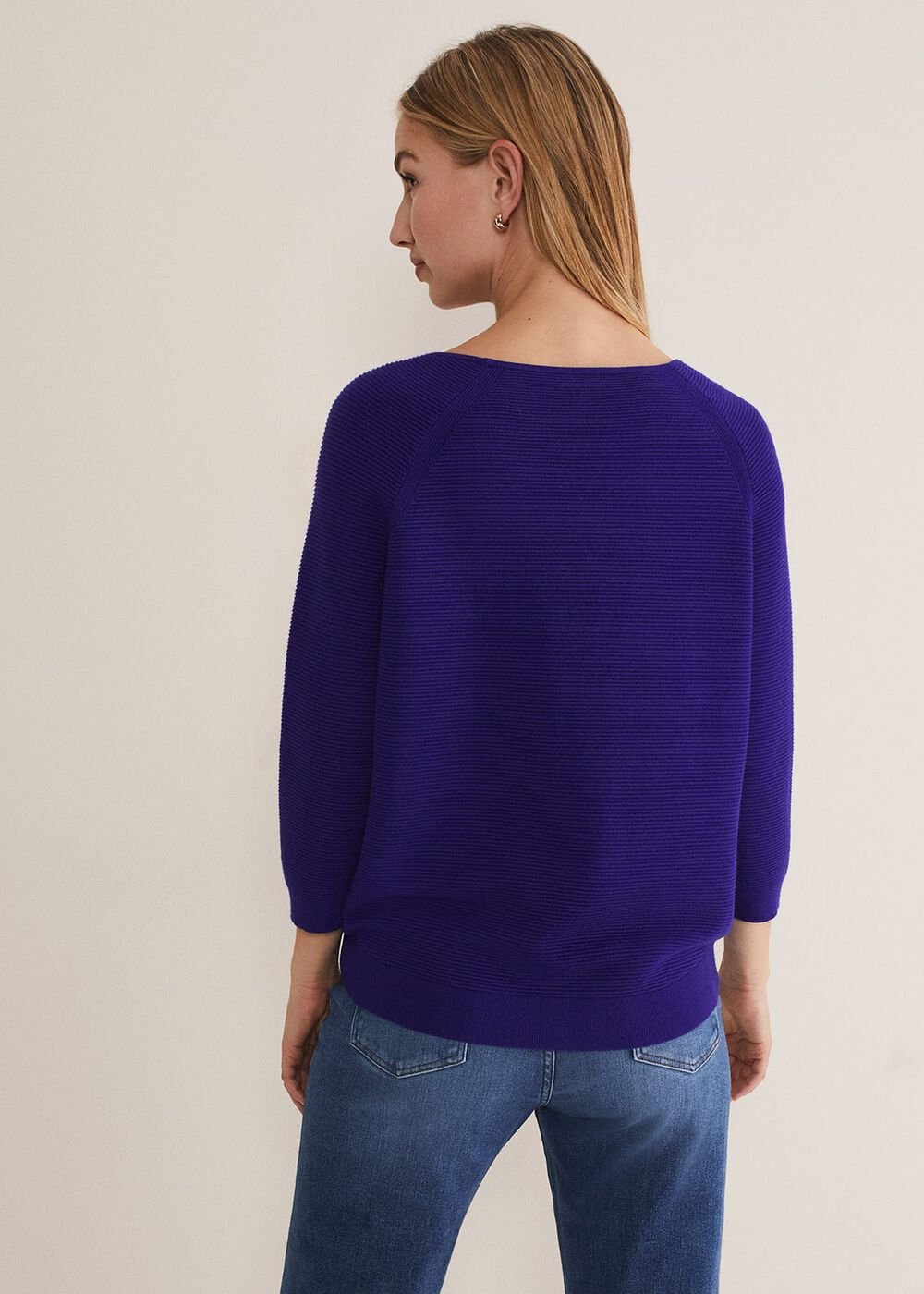 Blue Ribbed Jumper with 3/4 Sleeves & Boat Neckline Purple