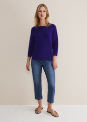 Blue Ribbed Jumper with 3/4 Sleeves & Boat Neckline Purple