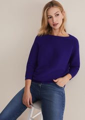 Blue Ribbed Jumper with 3/4 Sleeves & Boat Neckline Purple