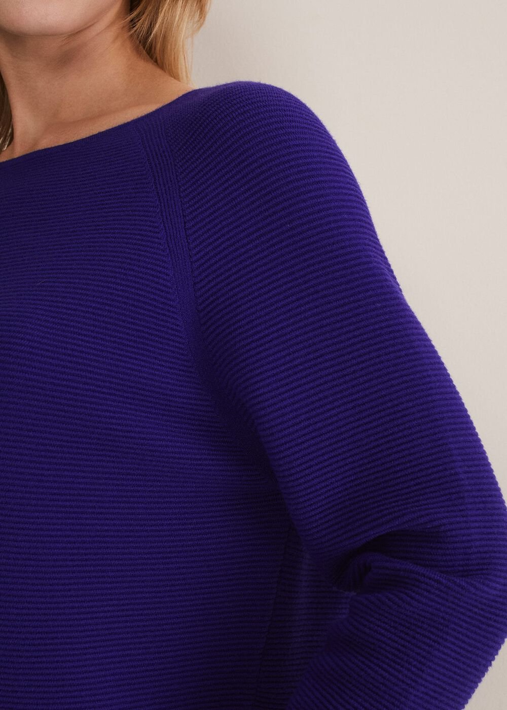 Blue Ribbed Jumper with 3/4 Sleeves & Boat Neckline Purple