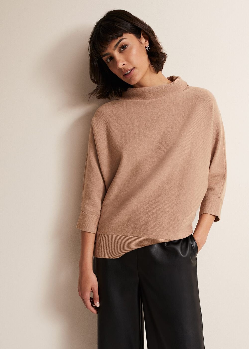 Camel Knitted Jumper with Roll Neck & 3/4 Sleeves Camel