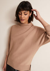 Camel Knitted Jumper with Roll Neck & 3/4 Sleeves Camel