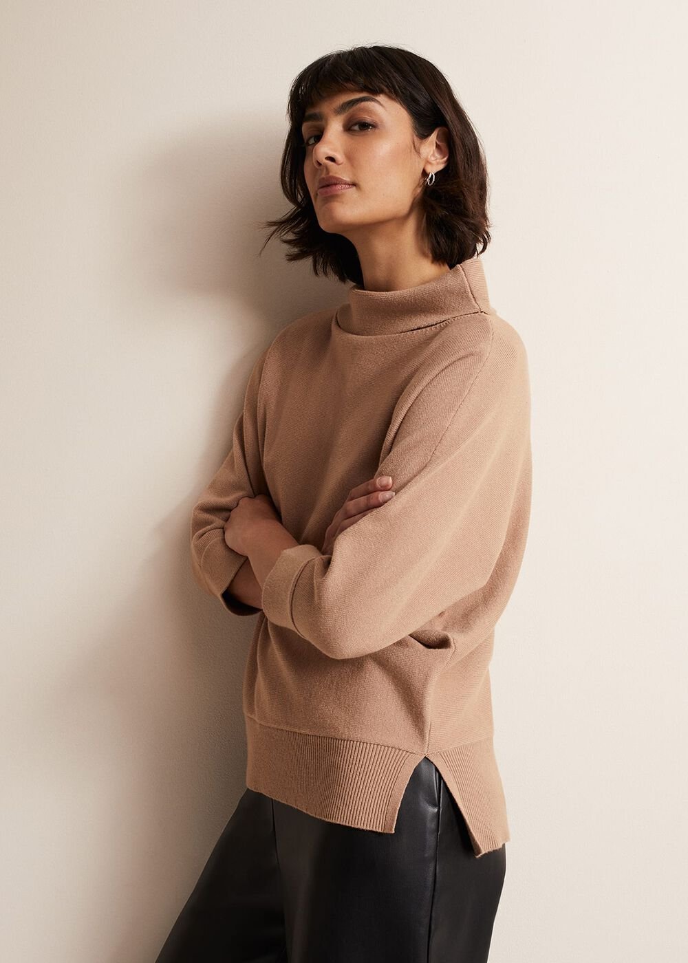 Camel Knitted Jumper with Roll Neck & 3/4 Sleeves Camel