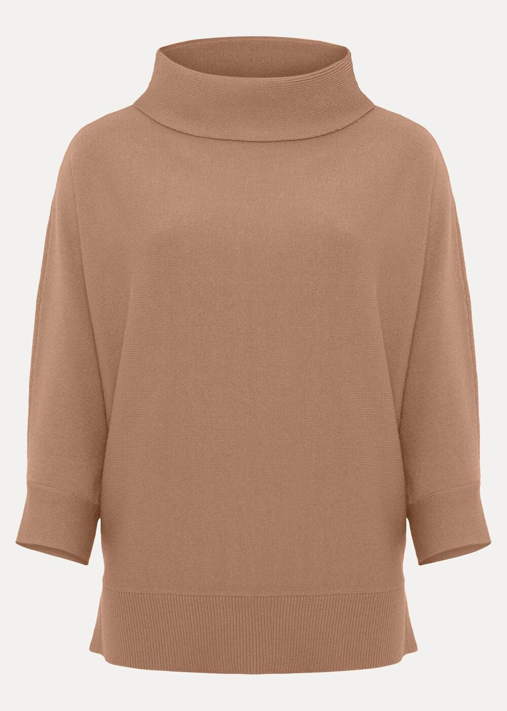 Camel Knitted Jumper with Roll Neck & 3/4 Sleeves Camel