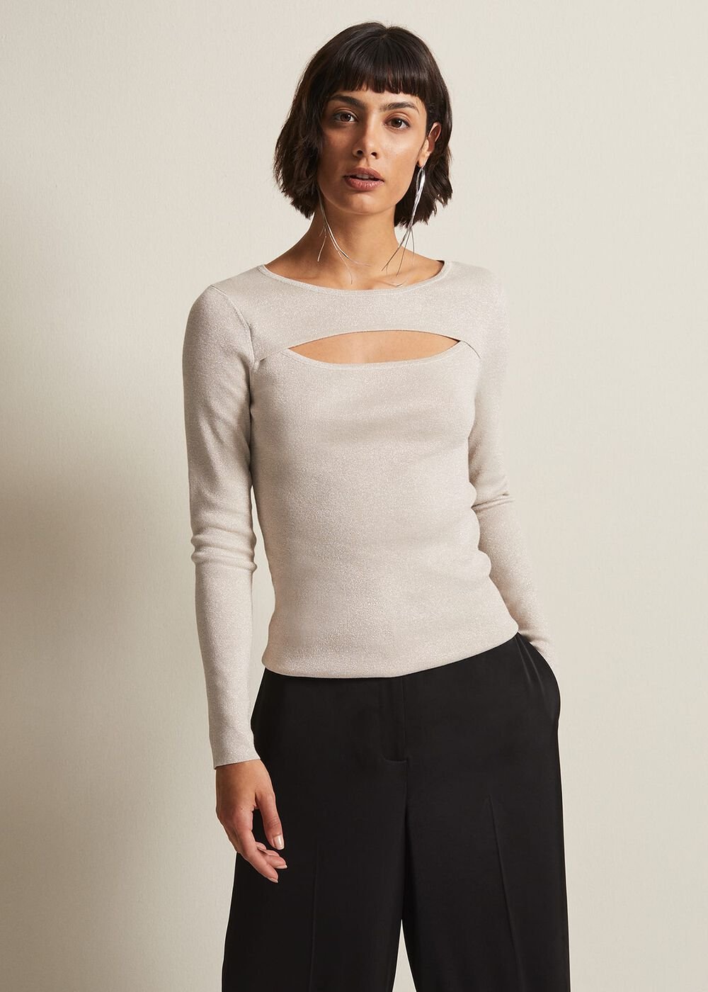 Ciara Cut Out Lurex Knitted Top Neutral