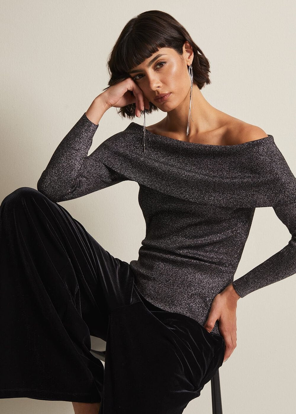 Iris Bardot Knitted Top Black