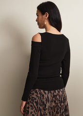 Black Long Sleeve Knit Top with Cut Out Front & Shoulder Black