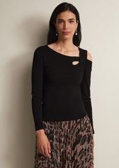 Black Long Sleeve Knit Top with Cut Out Front & Shoulder Black