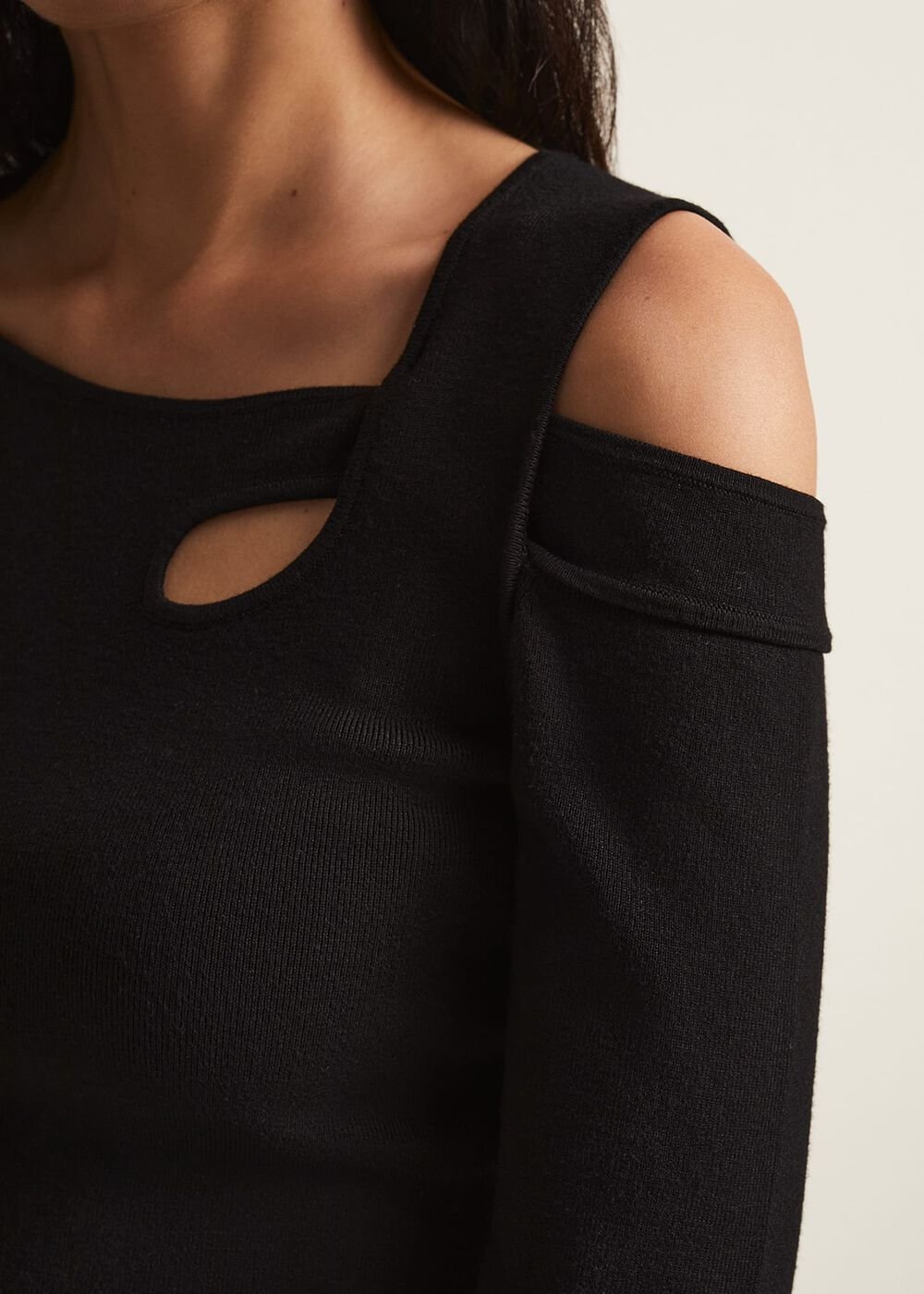 Black Long Sleeve Knit Top with Cut Out Front & Shoulder Black