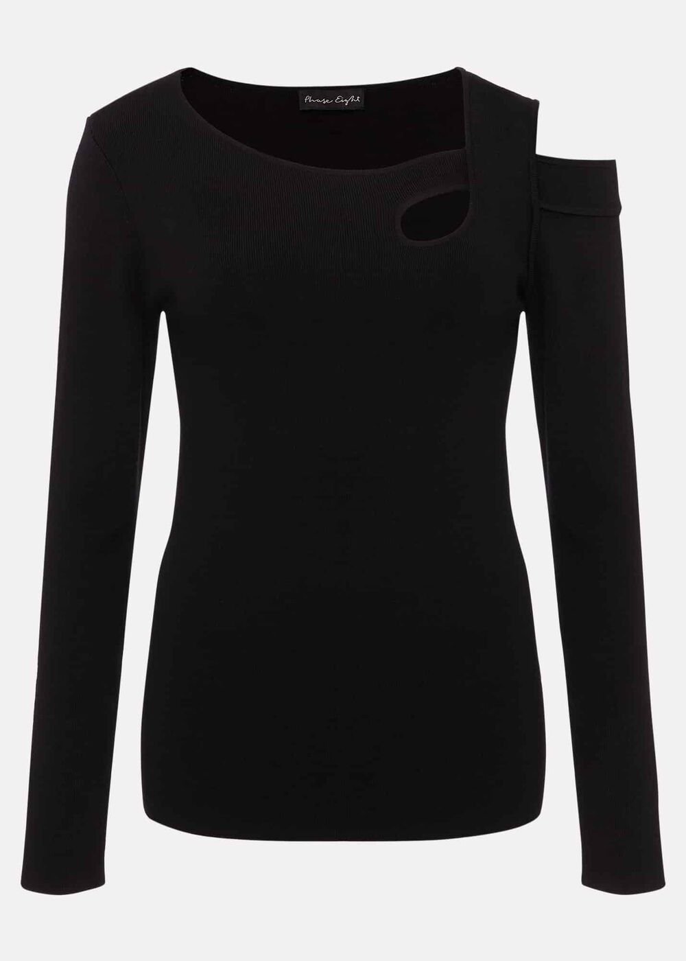 Black Long Sleeve Knit Top with Cut Out Front & Shoulder Black