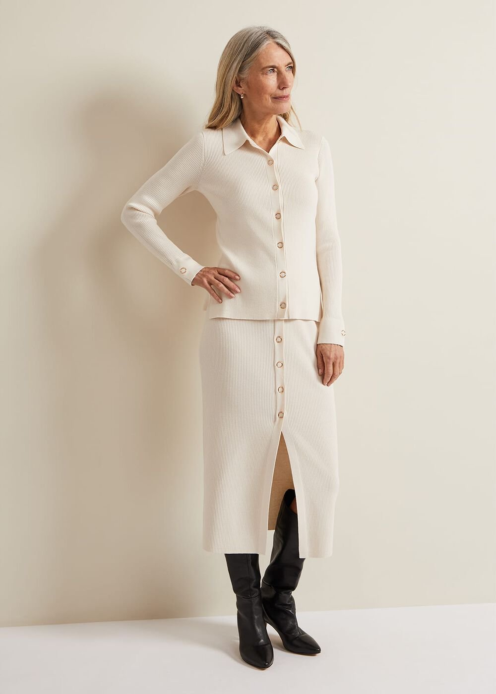 Irina Ribbed Button Detail Knit Top Ivory