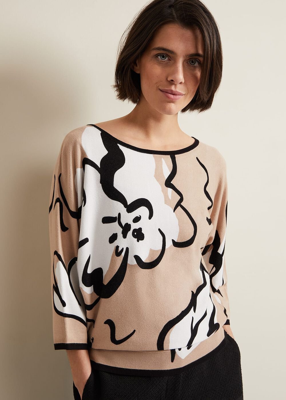 Laurie Ink Floral Knitted Top Camel