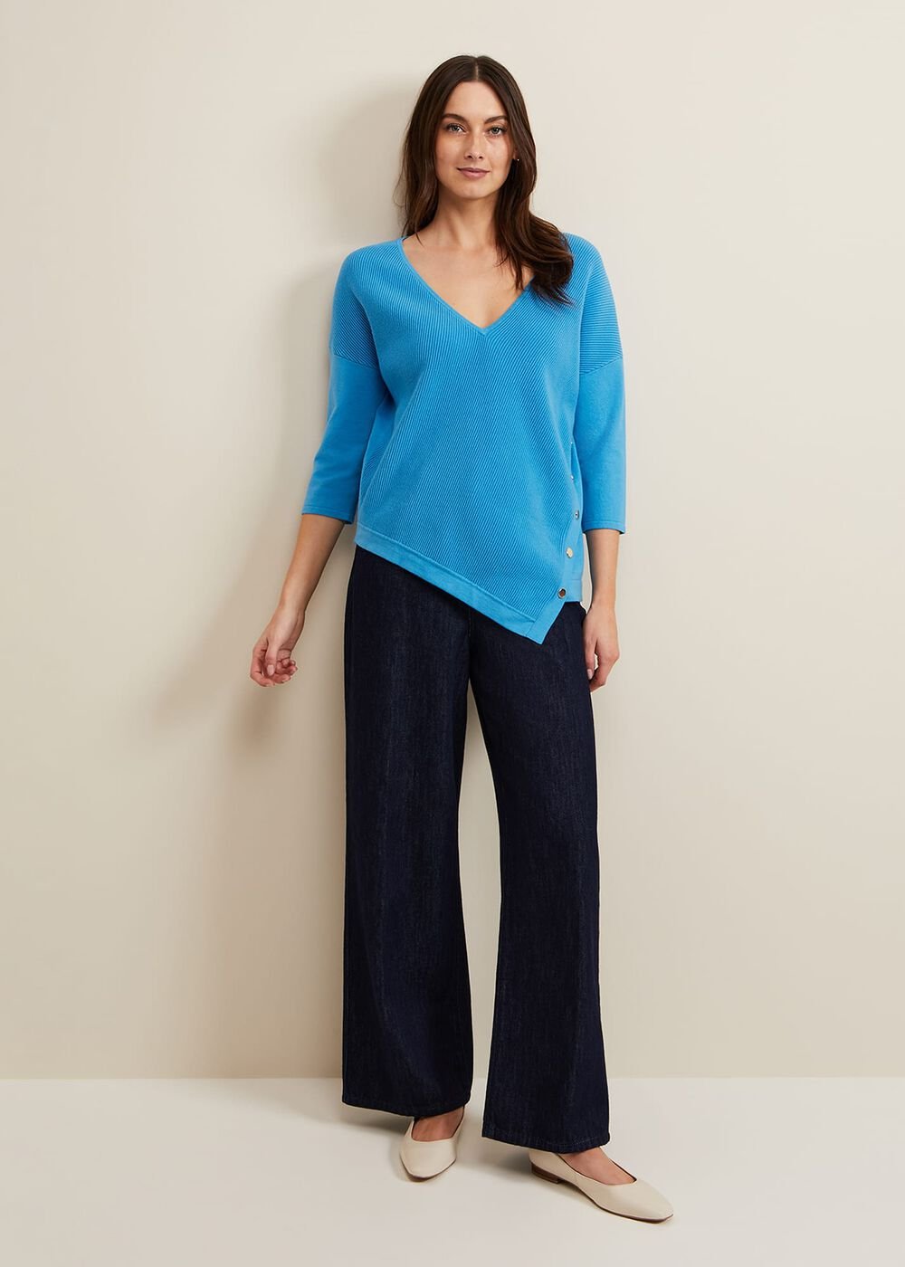Georgia Ribbed Asymmetric Button Jumper Blue