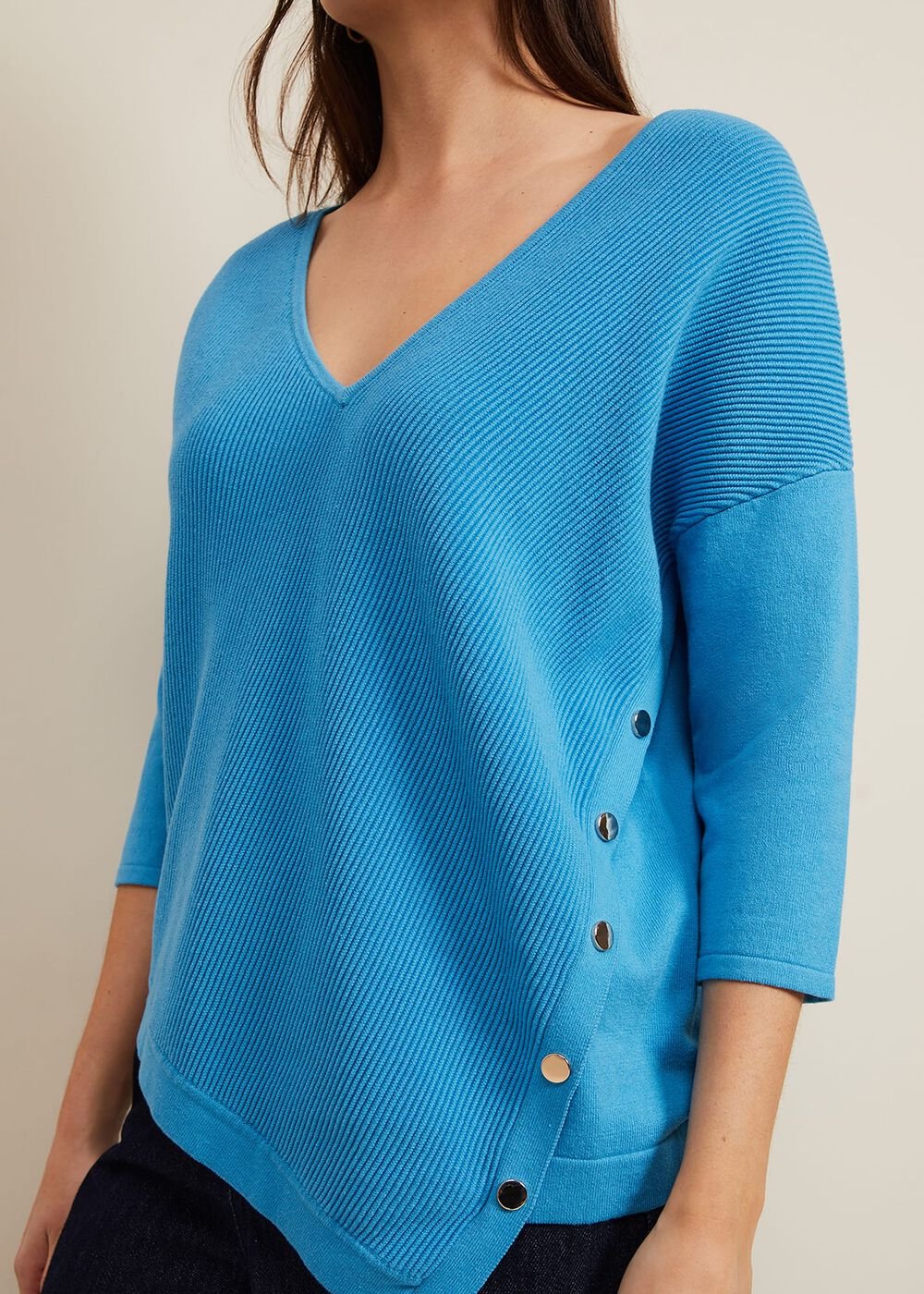 Georgia Ribbed Asymmetric Button Jumper Blue
