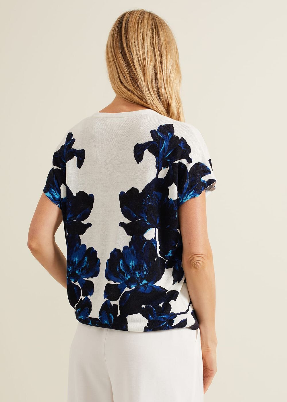 Mia Floral Print Linen Knit Top Navy/Ivory