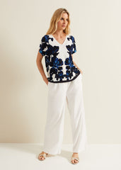Mia Floral Print Linen Knit Top Navy/Ivory