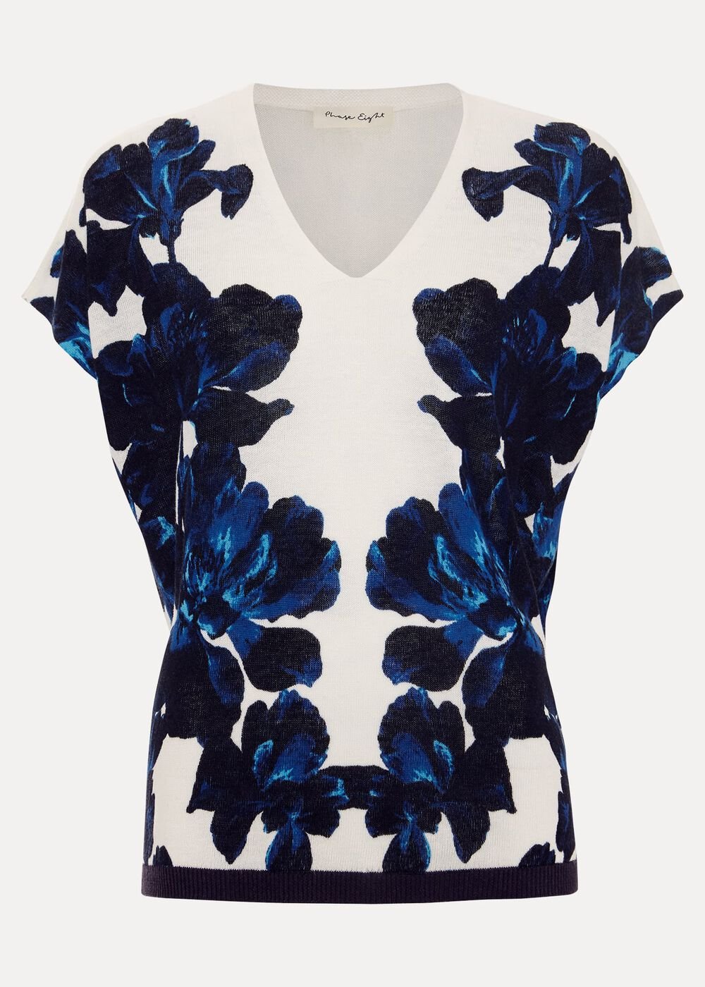 Mia Floral Print Linen Knit Top Navy/Ivory