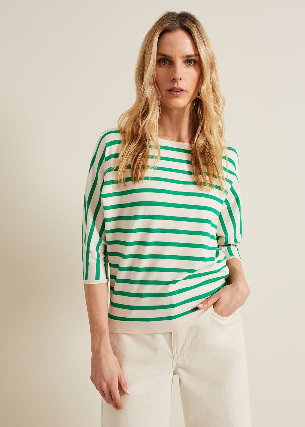 Women's Green Stripe Batwing Jumper Multi-Coloured