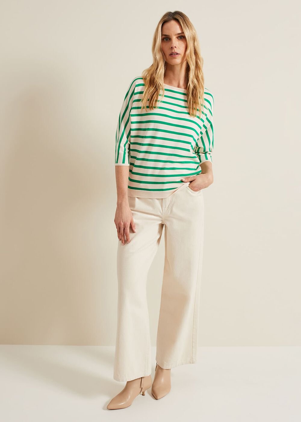 Women's Green Stripe Batwing Jumper Multi-Coloured
