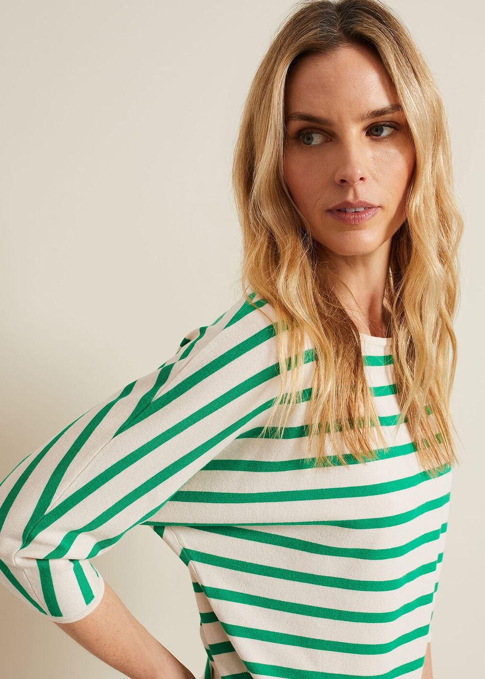 Women's Green Stripe Batwing Jumper Multi-Coloured