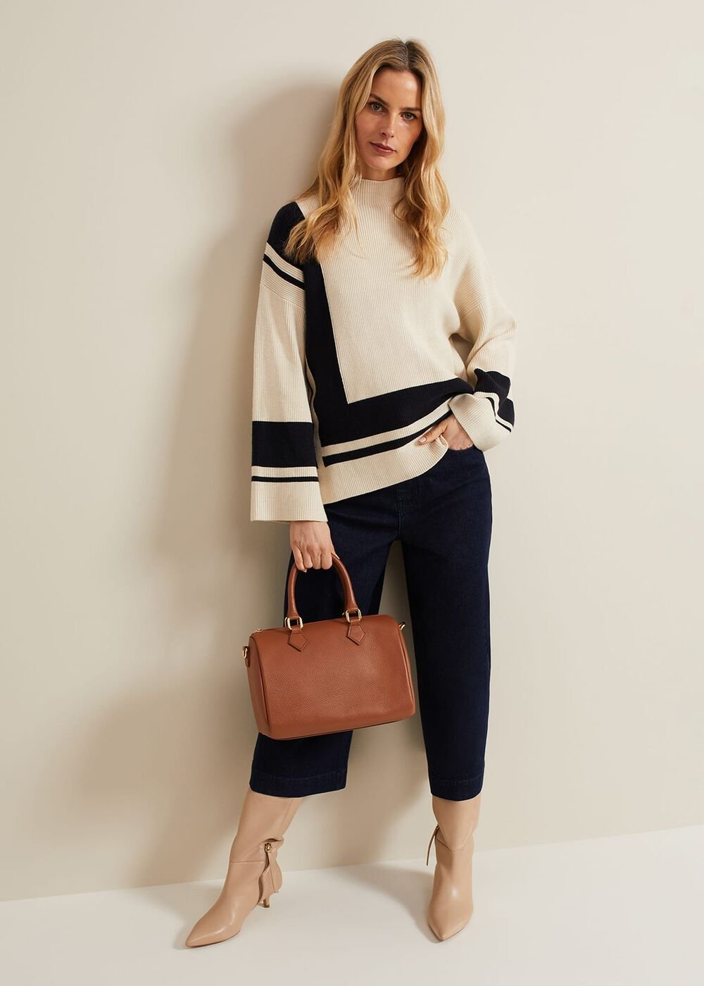Kayleigh Chunky Boxy Striped Jumper Stone/Navy