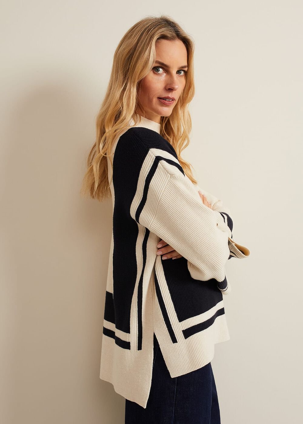 Kayleigh Chunky Boxy Striped Jumper Stone/Navy