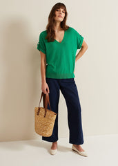 Laura Linen Metal Button Tab Top Green