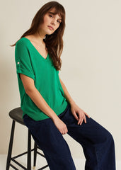 Laura Linen Metal Button Tab Top Green