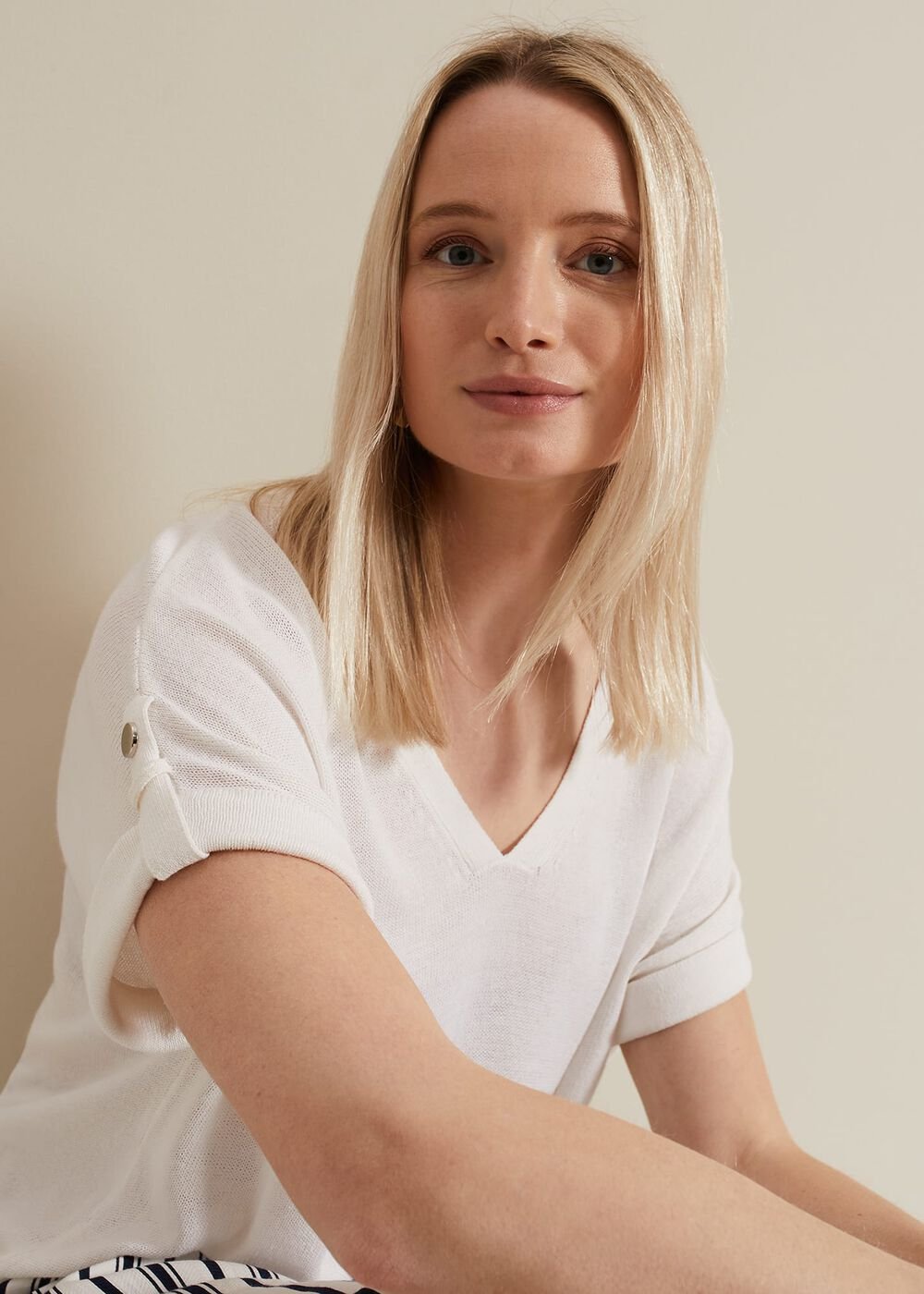 Laura Linen Metal Button Tab Top White