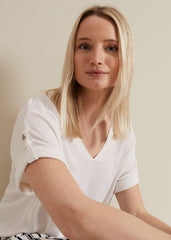 Laura Linen Metal Button Tab Top White