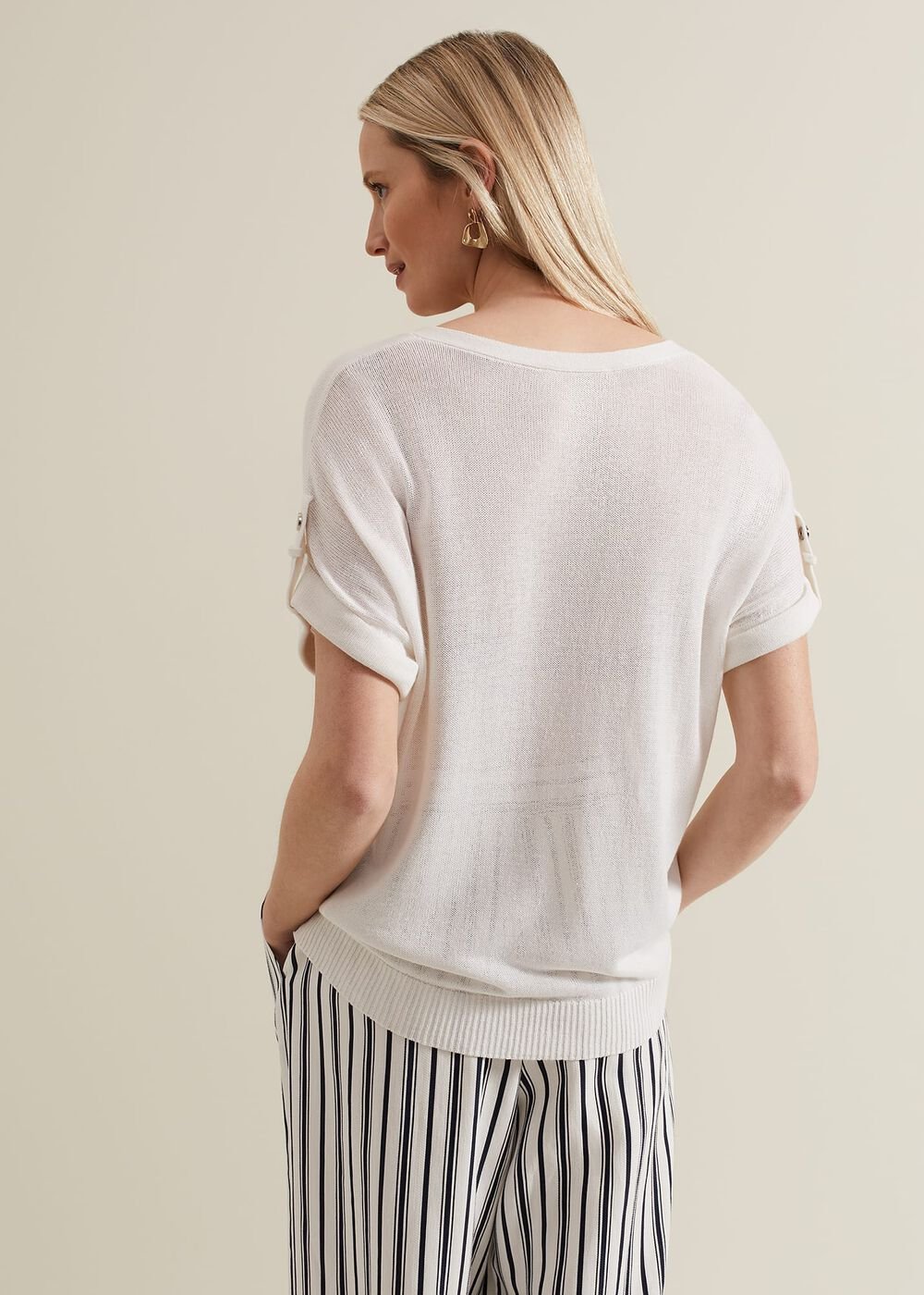 Laura Linen Metal Button Tab Top White