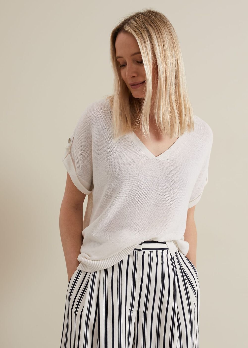 Laura Linen Metal Button Tab Top White