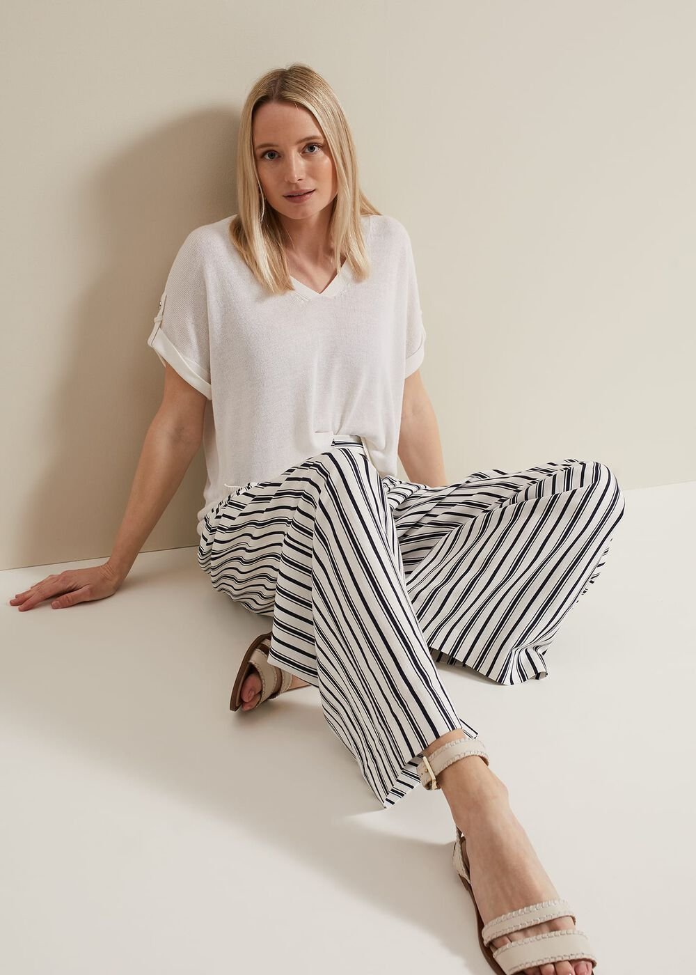 Laura Linen Metal Button Tab Top White