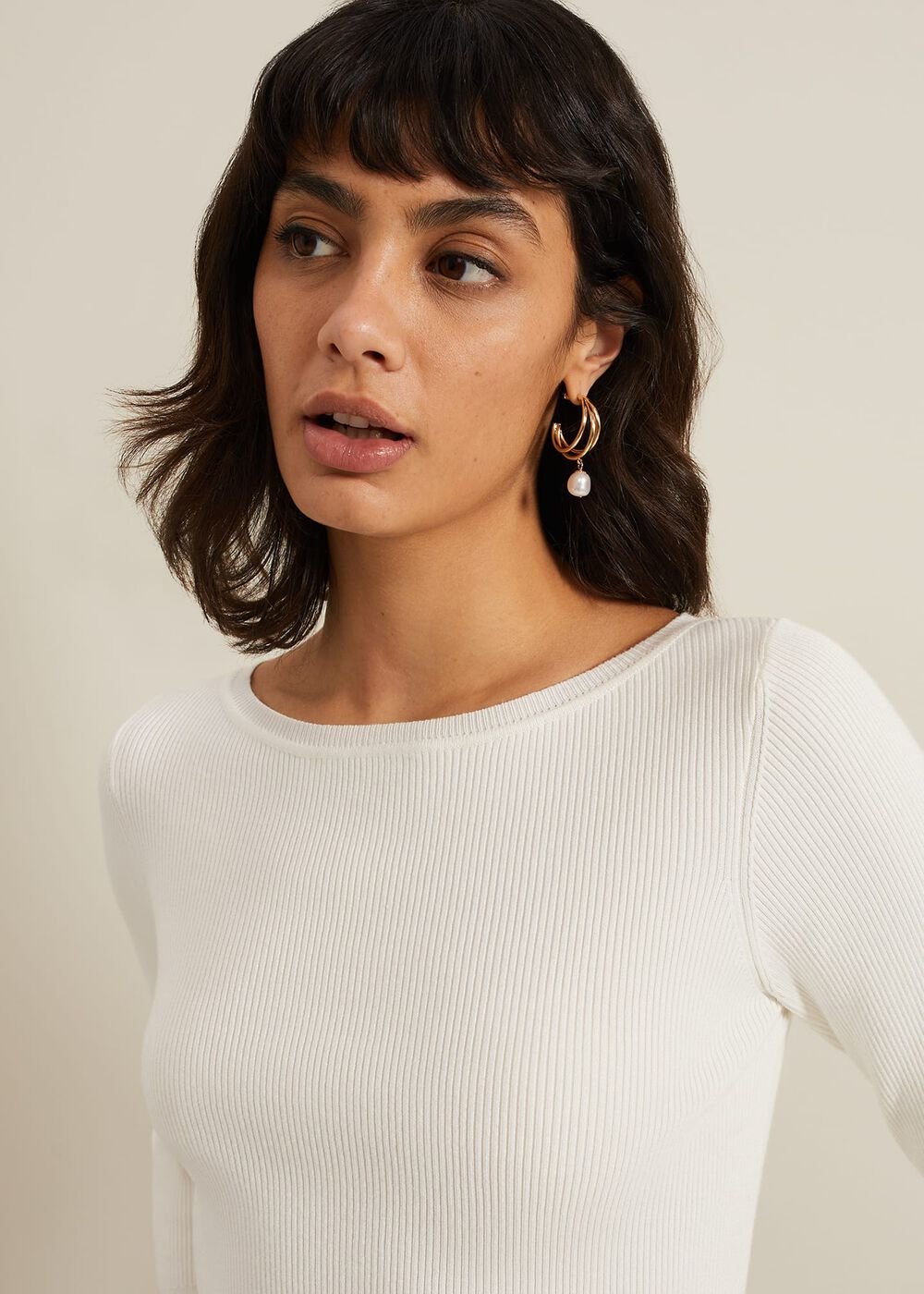 Tannah Ribbed Slash Neck Top Ivory