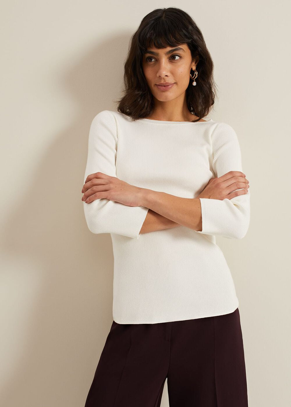 Tannah Ribbed Slash Neck Top Ivory