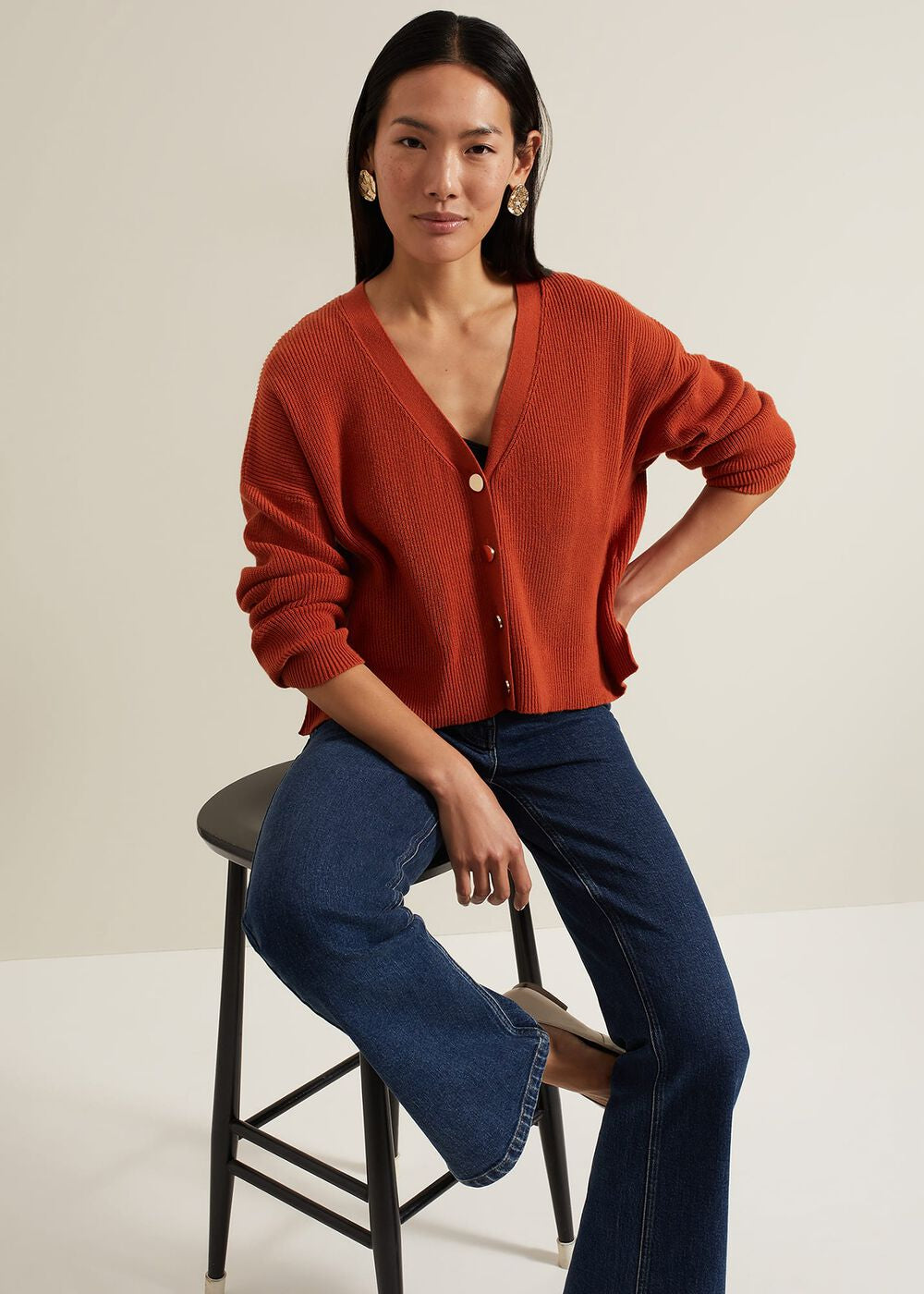 Anna Button Ribbed Cardigan Orange