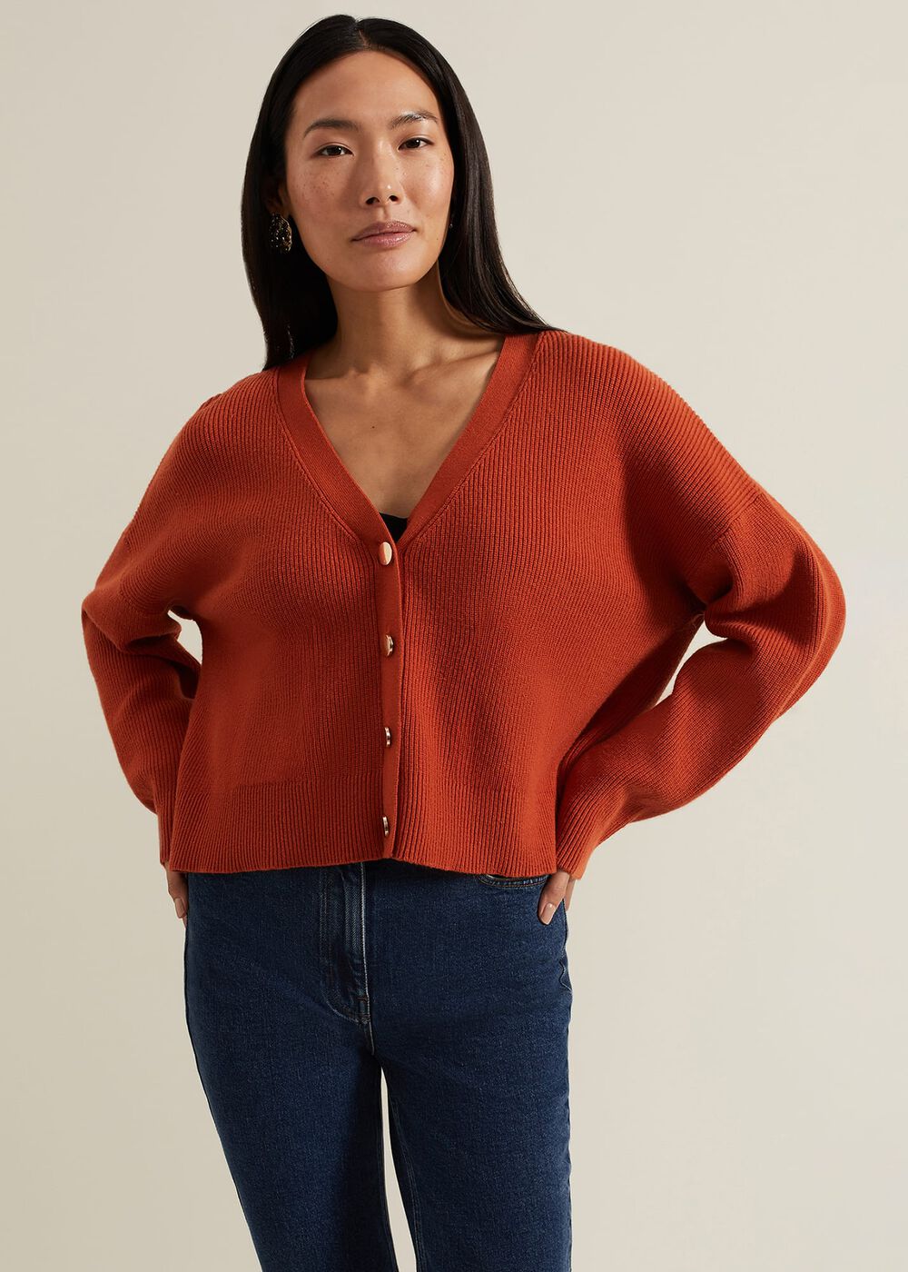 Anna Button Ribbed Cardigan Orange