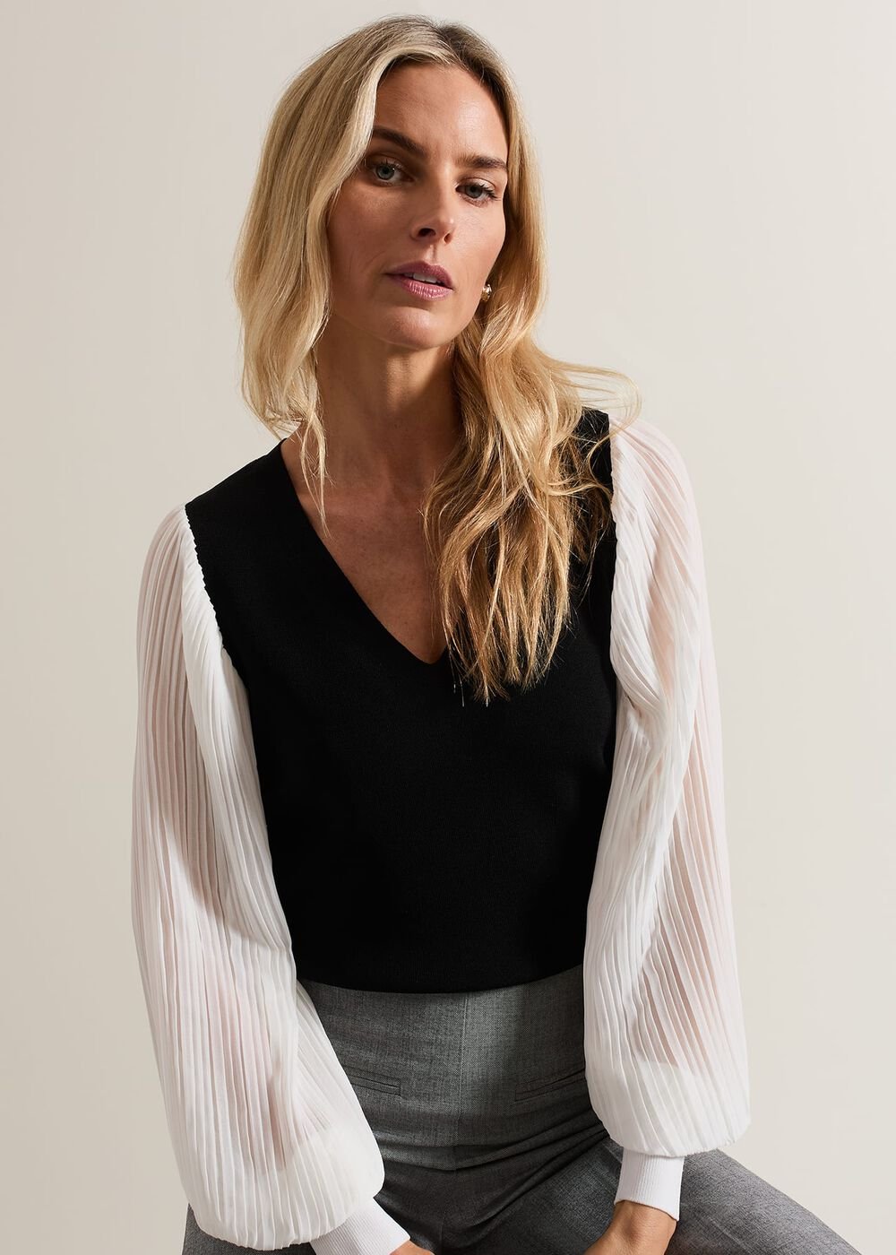 Maple V Neck Woven Sleeve Jumper Black