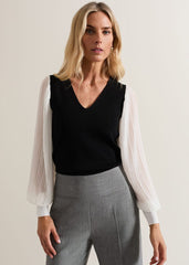 Maple V Neck Woven Sleeve Jumper Black