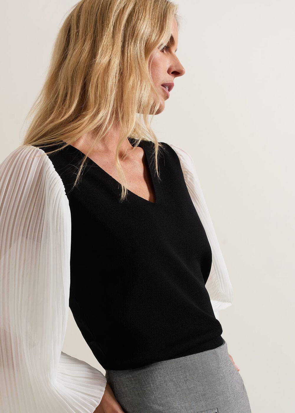 Maple V Neck Woven Sleeve Jumper Black