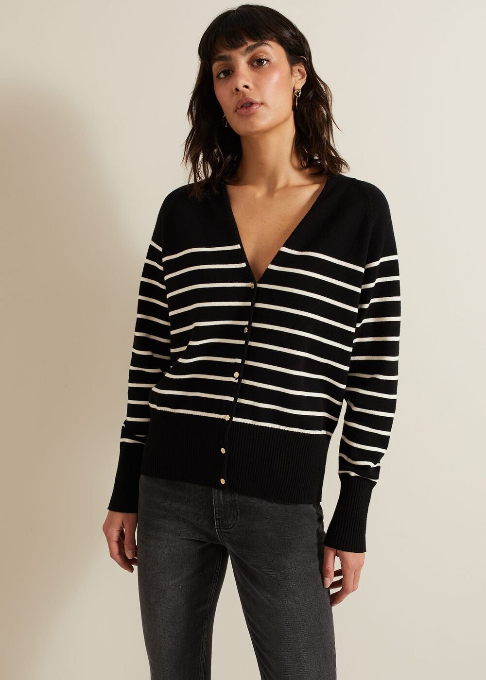 Nina V Neck Stripe Cardigan Black/Ivory