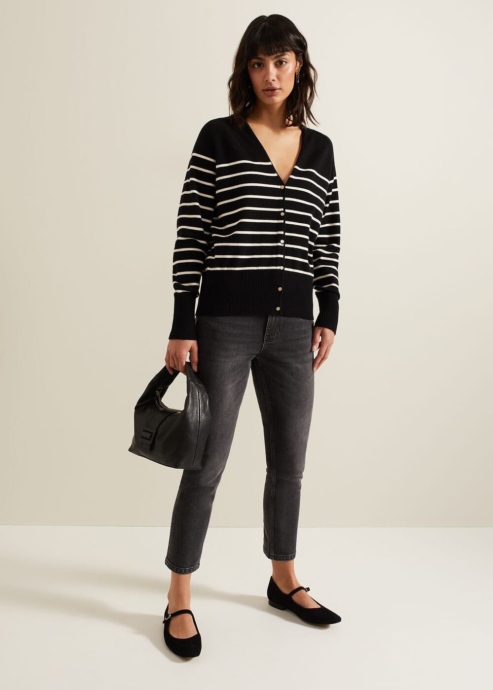 Nina V Neck Stripe Cardigan Black/Ivory