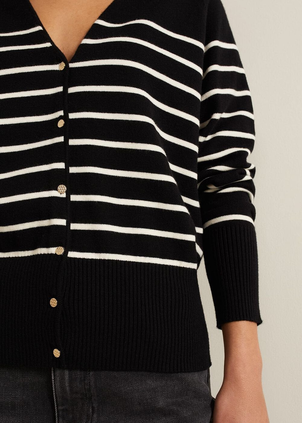 Nina V Neck Stripe Cardigan Black/Ivory