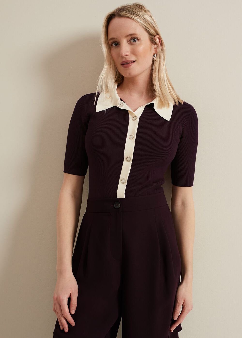 Rosie Tipped Collar Top Burgundy