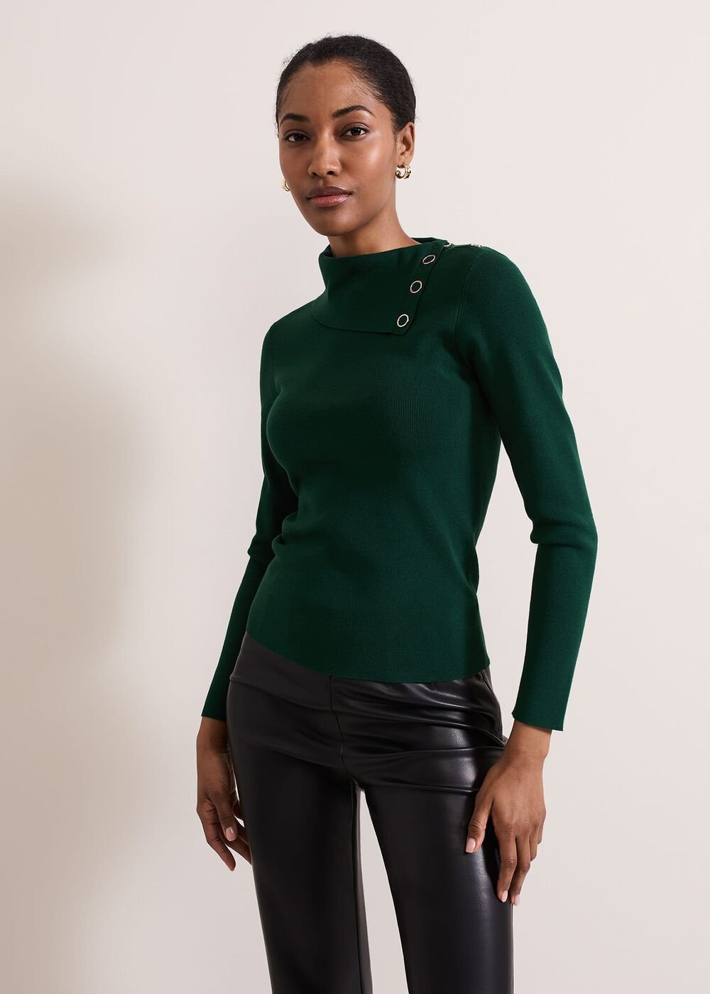 Regina Popper Collar Ribbed Top Green