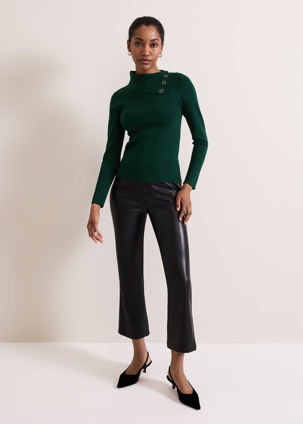 Regina Popper Collar Ribbed Top Green
